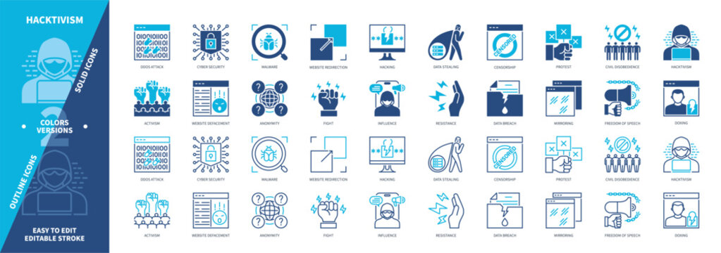 Hacktivism icon set. Anonymity, Hacking, Website Defacement, Protest, Data Stealing, Mirroring, Doxing, Malware. Duotone color solid and editable outline icons