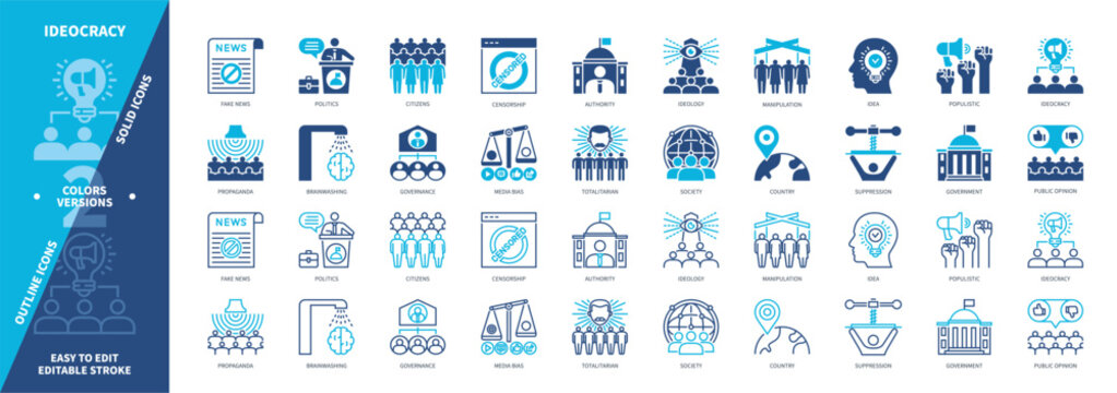 Ideocracy icon set. Totalitarian, Populistic, Idea, Governance, Ideology, Censorship, Brainwashing, Society. Duotone color solid and editable outline icons
