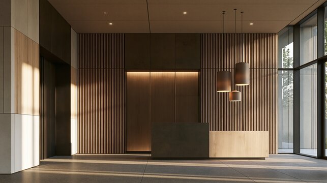 Modern minimalist corporate office lobby reception with vertical wooden slat wall warm pendant lamps and large glass window natural contemporary design