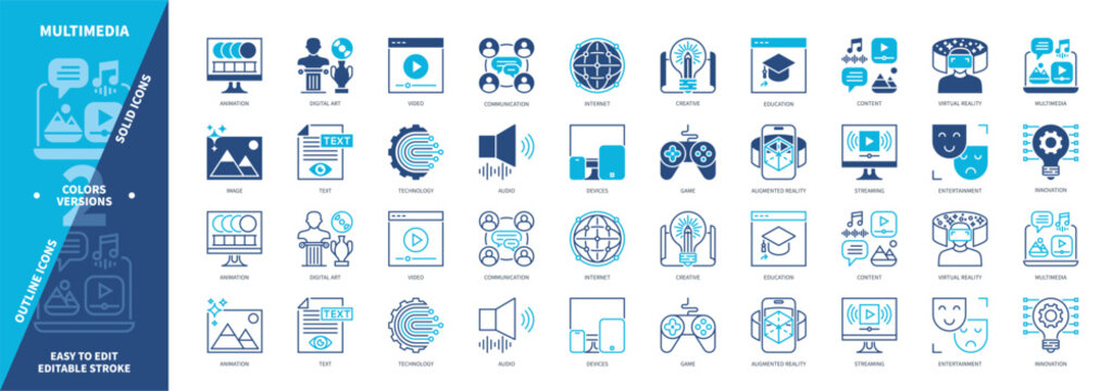 Multimedia icon set. Content, Technology, Game, Virtual Reality, Digital Arts, Communications, Creative, Innovation. Duotone color solid and editable outline icons
