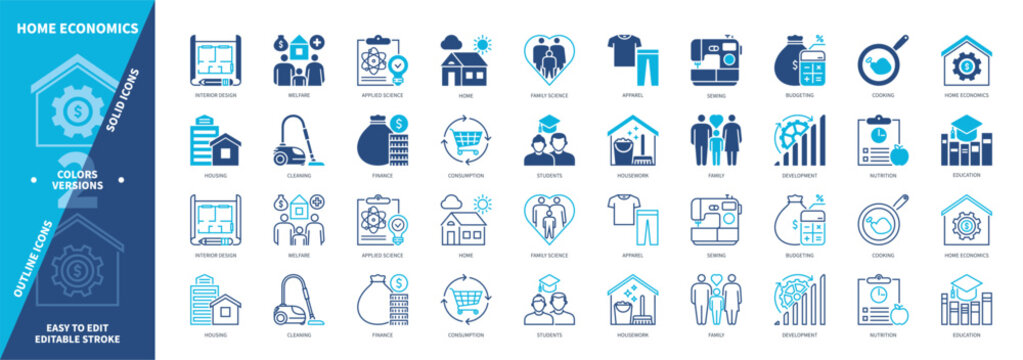 Home Economics icon set. Budgeting, Housework, Interior Design, Consumption, Nutrition, Applied Science, Finance, Family. Duotone color solid and editable outline icons