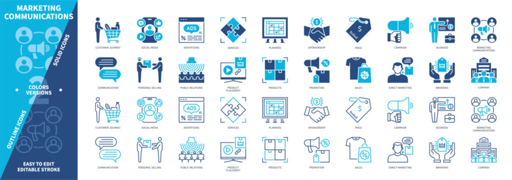 Marketing Communications icon set. Customer Journey, Branding, Price, Promotion, Sponsorship, Advertising, Sales, Company. Duotone color solid and editable outline icons