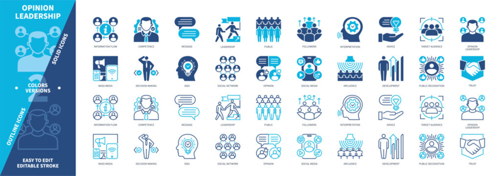 Opinion Leadership icon set. Competence, Influence, Followers, Trust, Social Network, Advice, Public, Development. Duotone color solid and editable outline icons