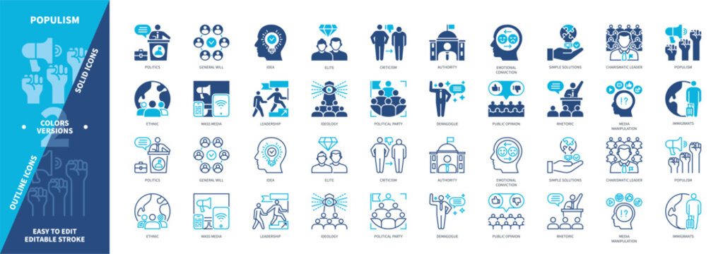 Populism icon set. General Will, Leader, Idea, Elite, Ideology, Political Party, Simple Solutions, Authority. Duotone color solid and editable outline icons