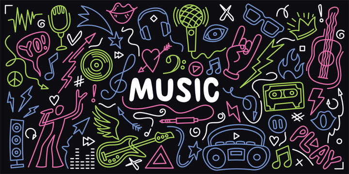 Hand drawn Music doodles and symbols colorful background. Guitar, hearts, arrows and other musical signs. Sketchy vector hand drawn cartoon set