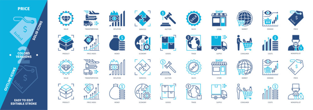 Price icon set. Trade, Services, Product, Transportation, Sales, Supply, Demand, Inflation, Consumer. Duotone color solid and editable outline icons