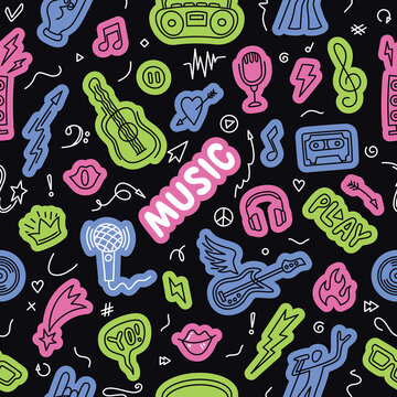 Seamless colorful Music Pattern. Guitar, hearts, arrows and other musical signs. Seamless Texture for Textile, Wallpapers, Backgrounds and Wrapping