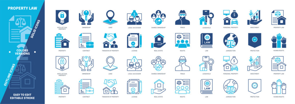 Property Law icon set. Jurisdiction, Protection, Real Estate, Ownership, Contract, Fraud, Personal Property, Law. Duotone color solid and editable outline icons