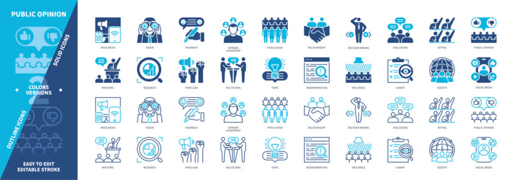 Public Opinion icon set. Survey, Influence, Society, Politicians, Social Media, Voting, Population, Feedback. Duotone color solid and editable outline icons