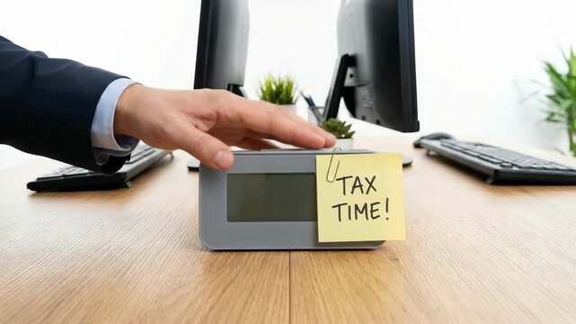Tax time reminder desktop computer and desk accessories close up