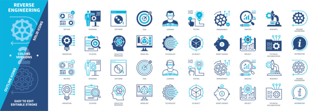 Reverse Engineering icon set. Studying, Technical Documentation, Project, Analysis, Information, Research, 3d Object, Improvement. Duotone color solid and editable outline icons