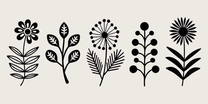Stylized botanical illustrations black silhouettes on a beige background