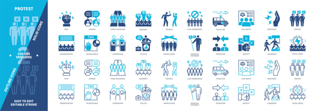 Protest icon set. Demonstration, Civil Disobedience, Violence, Civil Rights, Resistance, Fight, Opposition, Solidarity. Duotone color solid and editable outline icons