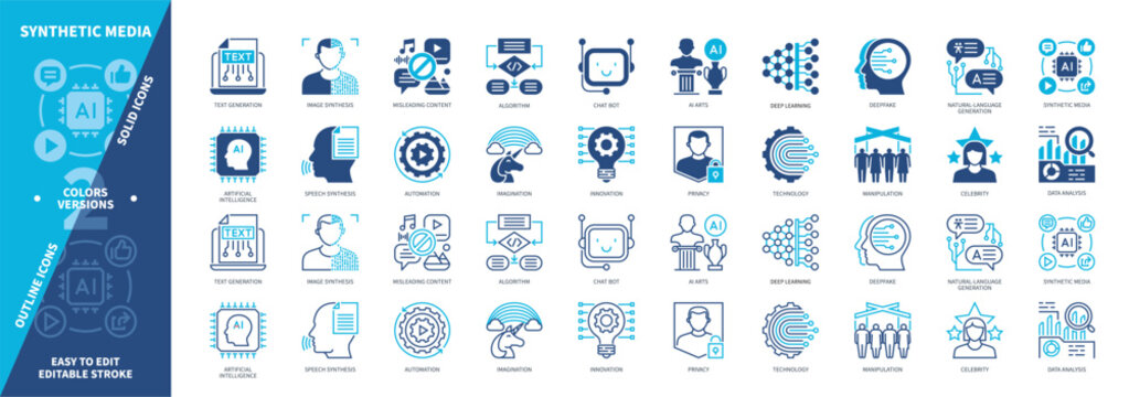Synthetic Media icon set. Data Analysis, Algorithm, Automation, Privacy, Technology, Text Generation, Fake Content, Deep Learning. Duotone color solid and editable outline icons