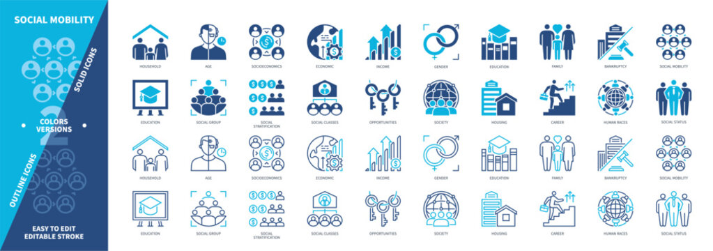 Social Mobility icon set. Bankruptcy, Household, Housing, Family, Income, Gender, Career, Movement. Duotone color solid and editable outline icons