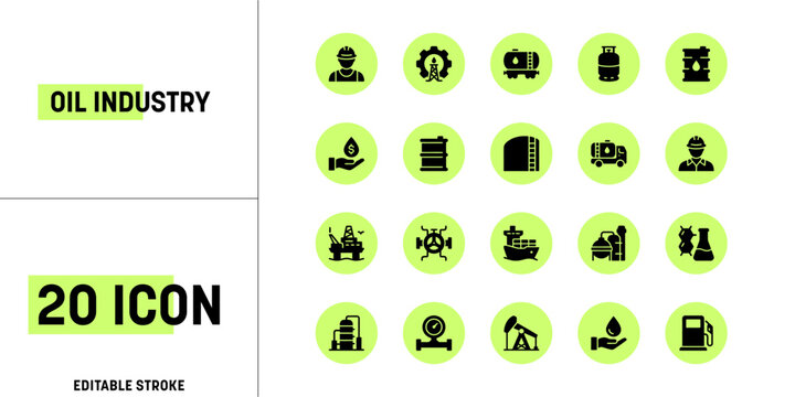 20 Oil and Gas Industrial Icon Set - Black Silhouette Style on Green Circles