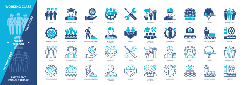 Working Class icon set. Solidarity, Support, Tools, Industry, Human Resources, Employees, Strike, Classes. Duotone color solid and editable outline icons