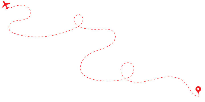 Airplane routes flight path vector with location pins. Airplane line path icon of air plane flight route with start point and dash dotted line trace.airplan line icon set with white background EPS10