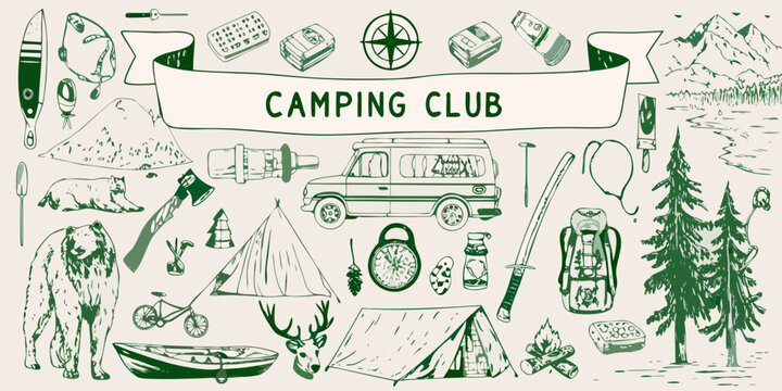 Camping equipment and wilderness scene hand drawn vector illustration