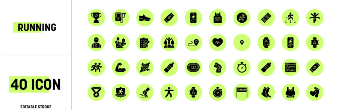 40 Running and Marathon Sports Icon Set - Black Silhouette Style on Green Circles