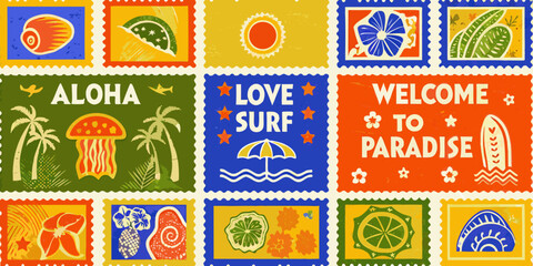 tropical postage stamps collage vibrant floral and beach themed designs © AnupKumar