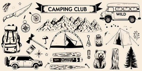 camping themed sketch icons and illustrations set on beige background © AnupKumar