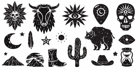 western desert symbolism set black silhouettes on white background © AnupKumar