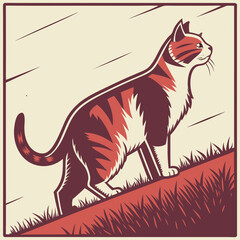 Striped cat standing on grassy hill retro poster. © Nock
