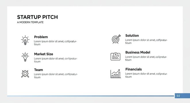 startup pitch presentation slide with business plan elements