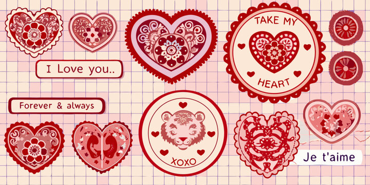 Romantic papercut heart stickers collection with love phrases