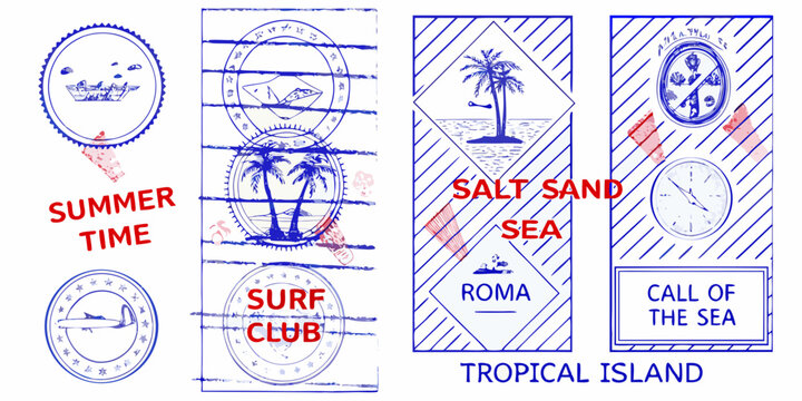 Vintage travel postmarks and stamps with summer and beach themes
