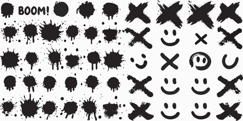 Grunge splatter shapes and comic icons black ink vector illustration © AnupKumar