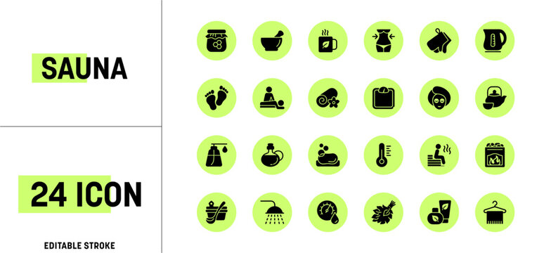24 Sauna, Spa, and Wellness Icon Set - Black Silhouette Style on Green Circles