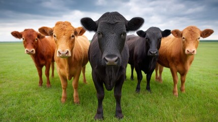 Fototapeta premium Group of cattle standing together in a lush green pasture under a stormy sky, showcasing the beauty and diversity of farm animals in their natural habitat.