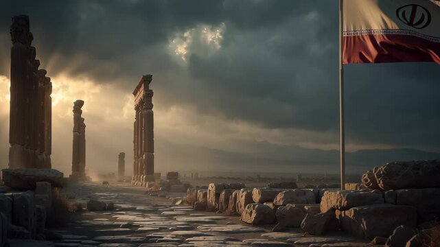 Ancient ruins with Iranian flag waving under cloudy sky at Persepolis in Iran during sunset