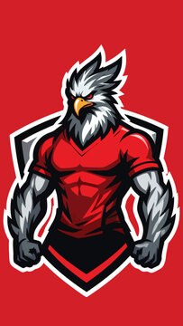 esports eagle mascot logo, powerful anthropomorphic eagle character with muscular upper body and clenched fists, thick black outline, fierce confident expression, sharp hooked beak