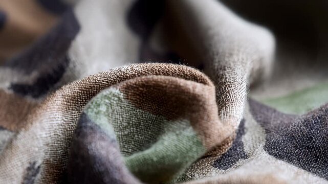 Camouflage textile fabric macro showing military pattern and cloth texture