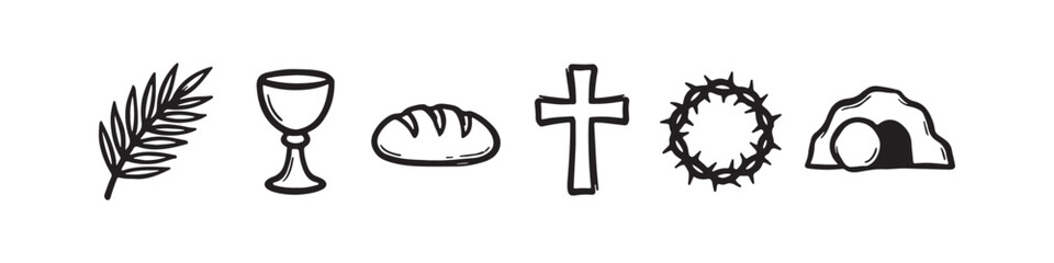 Fototapeta premium Vector icons of religious Christian symbols in a clean line style, featuring a wheat stalk, communion chalice, bread loaf, cross, crown of thorns, and the empty tomb of Jesus.