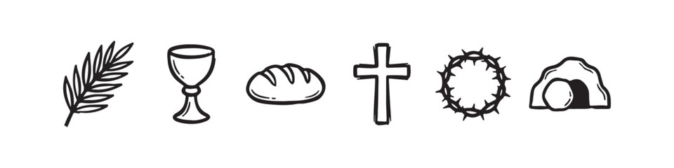 Fototapeta premium Vector icons of religious Christian symbols in a clean line style, featuring a wheat stalk, communion chalice, bread loaf, cross, crown of thorns, and the empty tomb of Jesus.