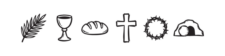 Fototapeta premium Vector icons of religious Christian symbols in a clean line style, featuring a wheat stalk, communion chalice, bread loaf, cross, crown of thorns, and the empty tomb of Jesus.