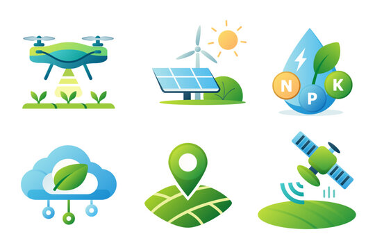 Smart Farming and Agriculture Technology Gradient Icon Set, Eco Farm, Drone, Satellite Monitoring, Sustainable Agriculture Vector Collection