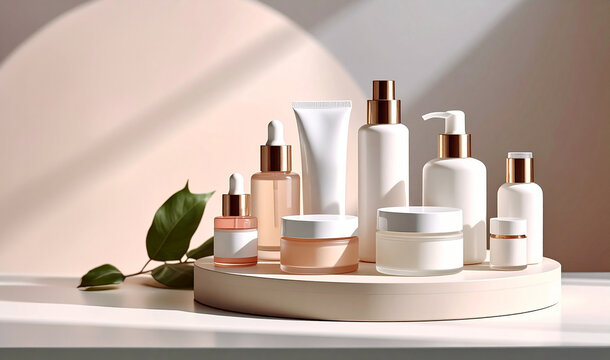 Productos de cuidado facial y corporal femenina sin marca  sobre fondo neutro, frascos y tarros en concepto de limpieza, belleza y cuidado personal,