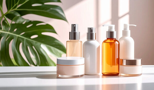 Productos de cuidado facial y corporal femenina sin marca  sobre fondo neutro, frascos y tarros en concepto de limpieza, belleza y cuidado personal,