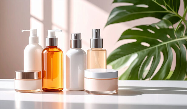 Productos de cuidado facial y corporal femenina sin marca  sobre fondo neutro, frascos y tarros en concepto de limpieza, belleza y cuidado personal,