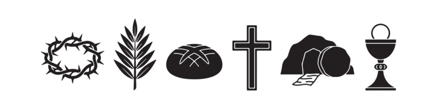 Vector icons of religious Christian symbols in a clean line style, featuring a wheat stalk, communion chalice, bread loaf, cross, crown of thorns, and the empty tomb of Jesus.