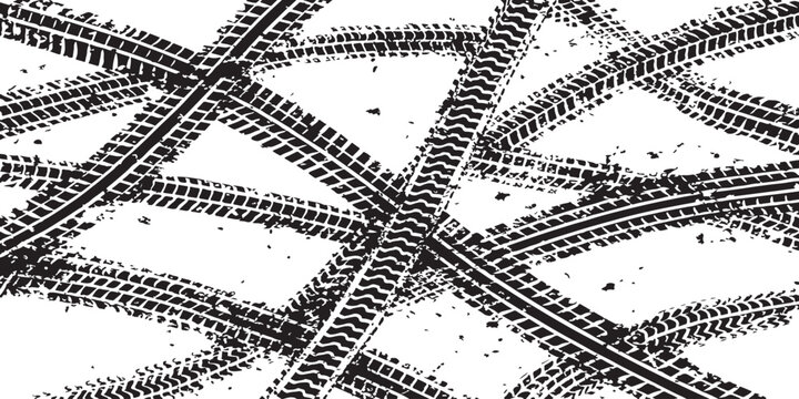 Overlapping tire track grunge background: intersecting wheel tread marks with dirt speckles, bold black and white rugged automotive texture design