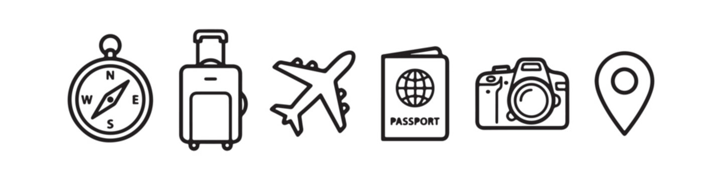 Vector icons representing travel and vacation essentials in a clean, thin line style, featuring a passport, an airplane, a compass, a map location pin, a rolling suitcase, and a photo camera.