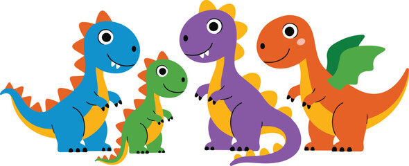 Obraz premium Colorful Cartoon Dinosaurs Standing Together Happy Expression
