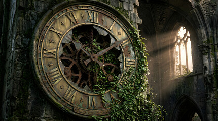 Fototapeta premium Ancient Broken Clock on Gothic Ruins Wall with Overgrown Ivy and Sunbeams