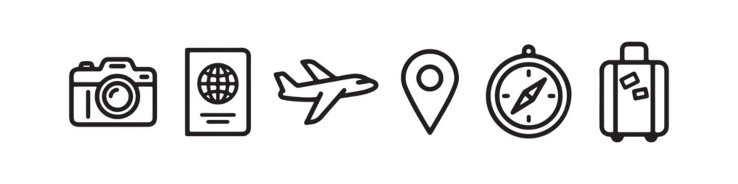 Vector icons representing travel and vacation essentials in a clean, thin line style, featuring a passport, an airplane, a compass, a map location pin, a rolling suitcase, and a photo camera.